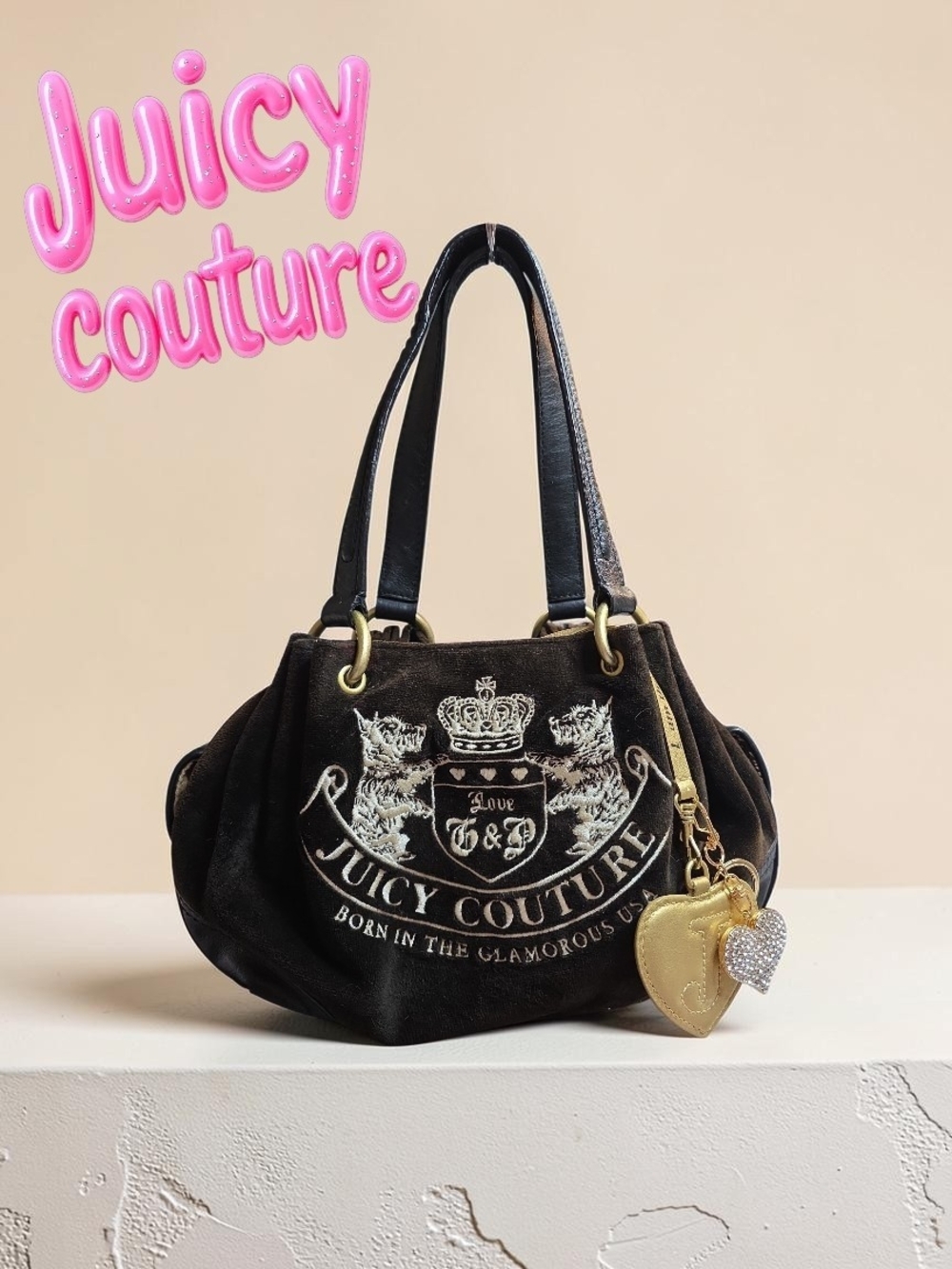 Juicy Couture VTG Brown Velour Small Tote with Gold Heart Mirror Good Condition